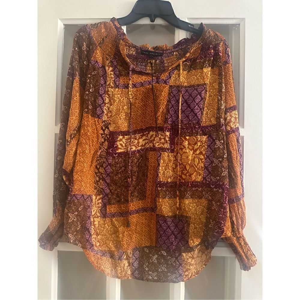 Women's Multicolor V-Neck long Sleeve Peasant tunic Blouse Size Small